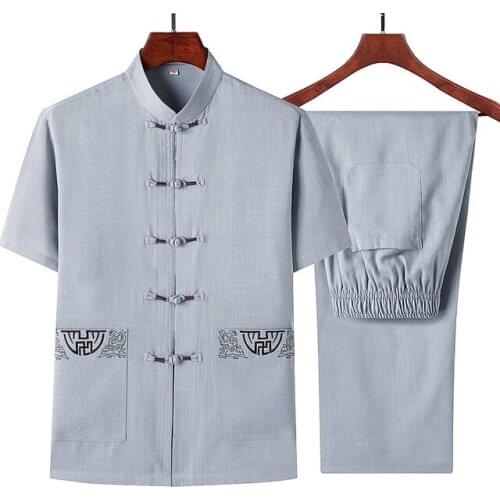 Traditional Chinese Clothing Set for Men Adult Tai Chi Kung Fu Uniforms Linen Short Sleeve Embroidery Casual Chinese Costumes