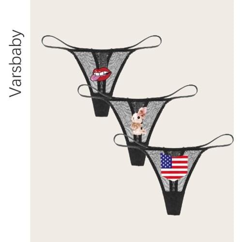 Varsbaby Women Sexy Lace Thong Fashion Fun stickers Panties Transparent Underwear Briefs Soft Panties G-string Sex Lingerie