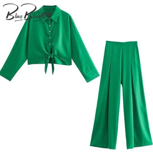 BlingBlingee Za 2021 Summer Woman Casual Green Suits Traf Outfits Loose Crop Tops Shirt + Folds Wide Leg Long Pants 2 Piece Sets