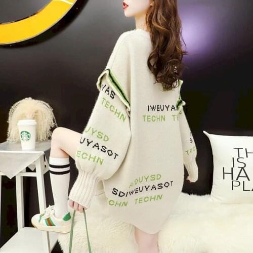 Womens Mid-length Knitted Long Winter Sweater Early Autumn New Loose Letter Women Clothing Hot Pink Top Plus Size Long Sleeve