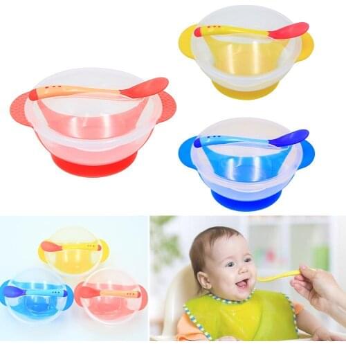 2Pcs/set Baby Learning Dishes With Suction Cup Kids Safety Dinnerware Set Assist Bowl Temperature Sensing Spoon Fork Tableware
