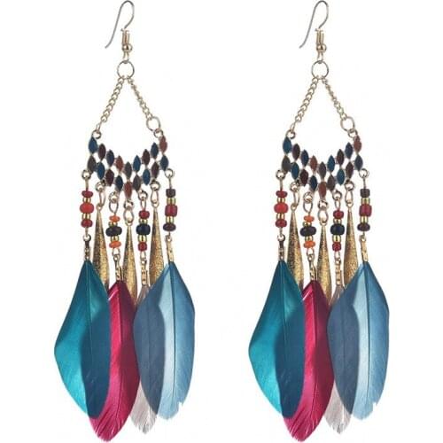 2021 Rushed Time-Limited Trendy Cross-Border Popular Feather Fringed Earrings Bohemian Retro Rice Beads Drop Oil Long Handmade