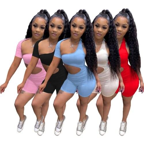 2021 Sexy Women Jumpsuit Hollow Out Streetwear Solid Color Skinny Short Romper Women Jumpsuit Outfit