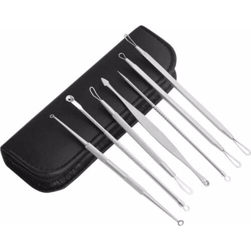 7pcs Blackhead Remover Tool Kit Face Skin Care Tools Spot Comedone Acne Needle Clip Pimple Tweezer Blemish Extractor + Bag