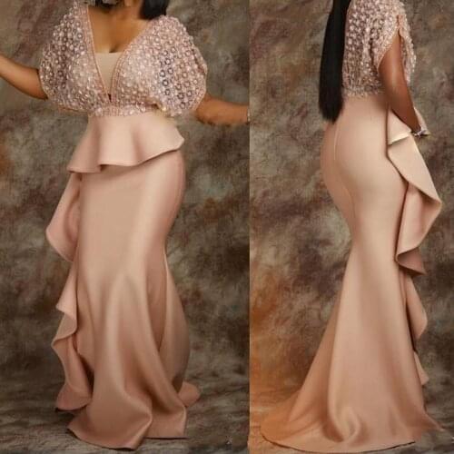 Dubai Arabic African Mermaid Prom Dresses Deep V Neck Satin Evening Dress Cocktail Party Sweep Train Formal Dress Evening Party