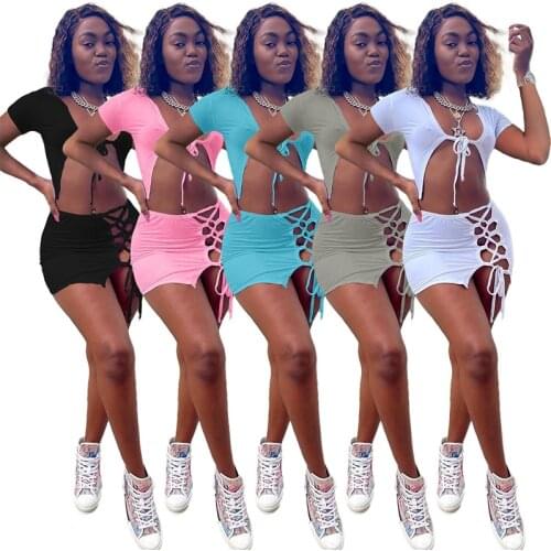 Lace Up Drawstring 2pcs Set Summer Short Sleeve T Shirts And Hollow Out Bandage Mini Skirts Sexy Solid Outfits Vocation Wear