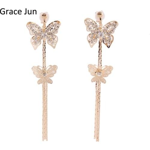 Grace Jun High Quality Long Rhinestone Double Butterfly Clip on Earrings Without Piercing for Women Party Weddng Luxury Ear Clip