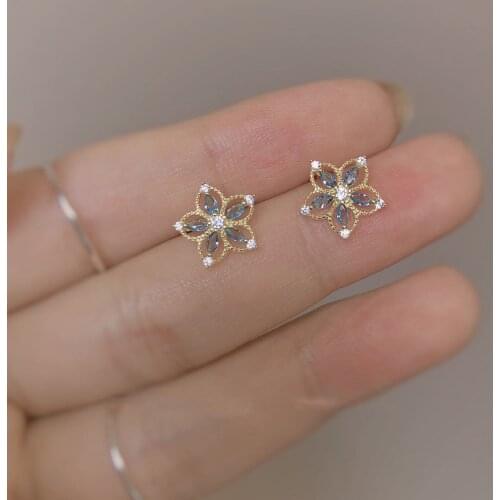 Designer original new blue gold rim inlaid orchid earrings hollow flowers luxury exquisite charm ladies silver jewelry
