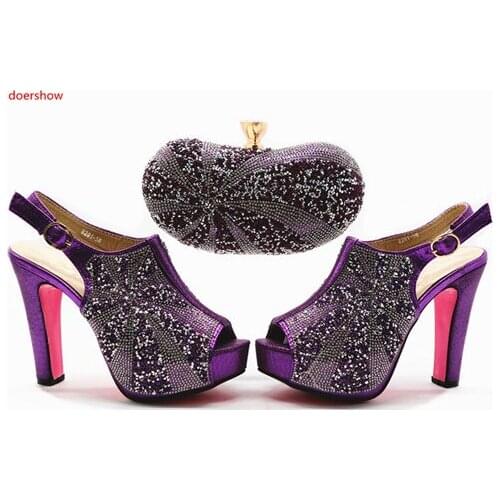 Doershow African purple Shoes and Bag Matching Set with Stones Shoes Women Italian Shoes and Bag Set for Party Wedding SHX1-7