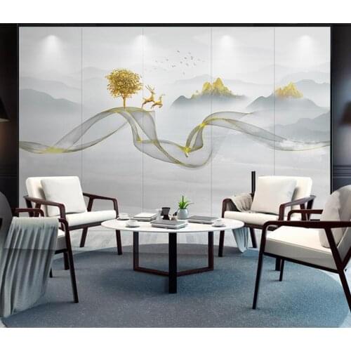 Custom silk silk material wallpaper modern light luxury marble hand-painted landscape elk photo wallpaper papier peint