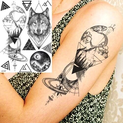 Geometric Black Cloud Peak Crescent Wolf Custom Temporary Tattoos Waterproof Fake Stickers Tattoo Body Arm Neck Men Tatoos Paste