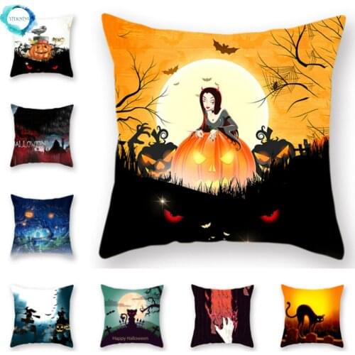 Halloween Carnival Pumpkin Black Cat Bat Print Polyester Pillowcase Sofa Square Decorative Cushion Cover 45x45cm Fundas De Cojin