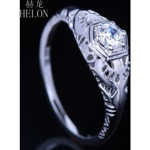 HELON Real Sterling Silver 925 Flawless Round 0.3ct Genuine Moissanite Engagement Wedding Ring For Women Vintage Party Jewelry