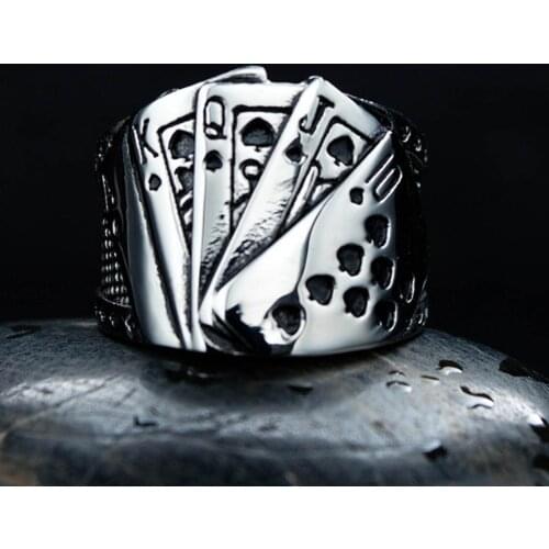 Magician Poker Ring For Mens Stainless Steel Black Enamel Spades Royal Flush Poker Lucky Poker Games Lover Gift Ring Size 7-12