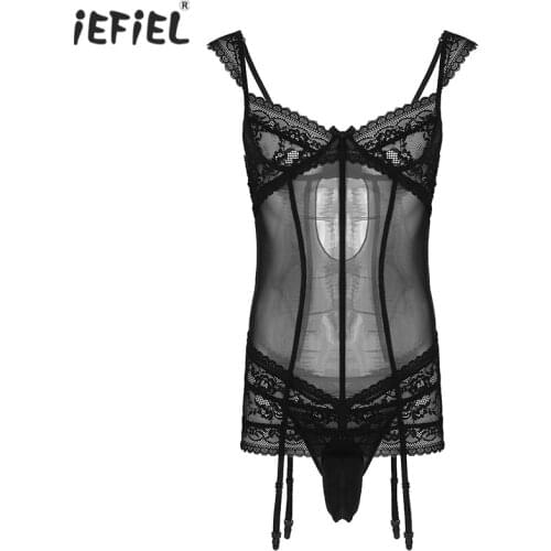 Mens Sheer Mesh Crossdress Bodysuit Exotic Lingerie Set Floral Lace Sissy Underwear Garters Transparent Mini Dress with G-string