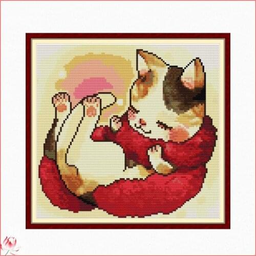 A Cat With A Red Scarf Pattern Cross Stitch Kit 14CT 11CT Canvas Printing Needle And Thread Embroidery Kit DIY Home Deco crafts