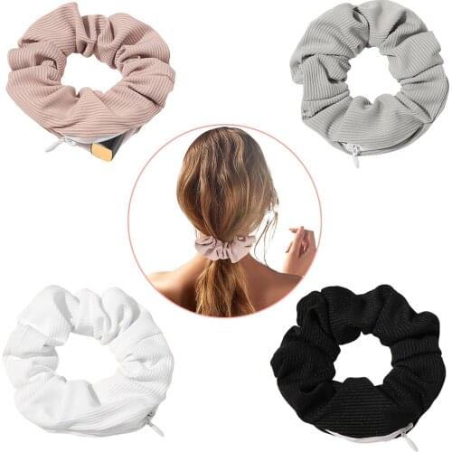 Solid Color Designs Zipper Scrunchies Women Creative Velvet Hairbands Brand Quality Pocket Scrunches With Zip