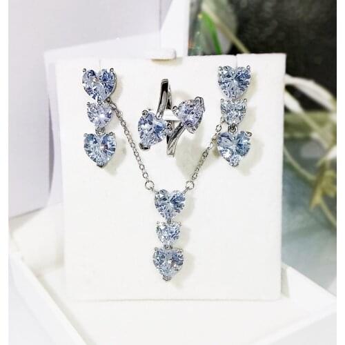 Luxury Bling Three Heart Diamond 925 Sterling Silver Jewelry Set for Women Adjustable Opening Ring Earrings Fashion Jewelry