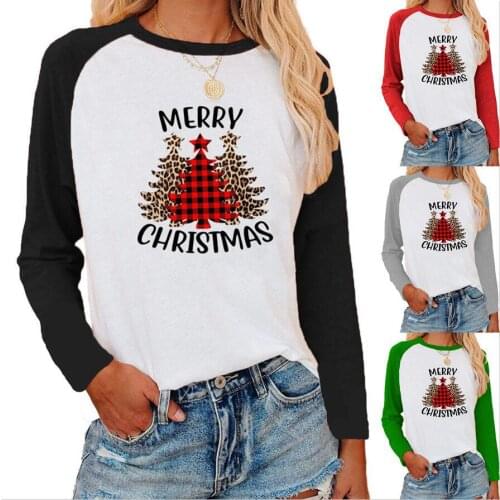 Christmas Women T-Shirts Long Sleeve Christmas Tree Snowflake Print Vintage Tops Autumn Winter O-Neck Oversized Tee