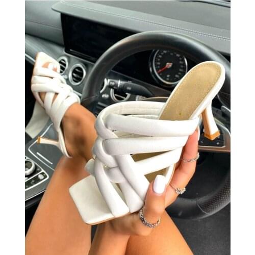 Ladies High heels Sandals Womens Summer Footwear Weave Hollow outWoman Shoes pu Leather Fashion Woman MULE Casual Shoes