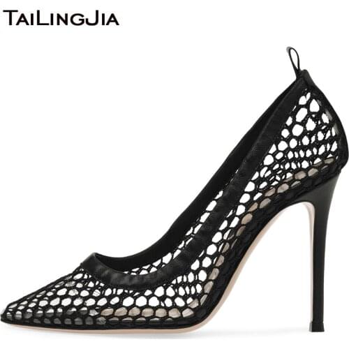 Sexy Black Fishnet High Heel Pumps Women 2021 Pointed Toe Mesh Heels Ladies Summer Party Dress Shoes Large Size Female Footwear