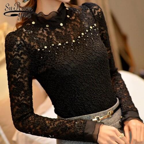 Spring New Ruffled Collar Long Sleeve Blouse Shirts with Beaded Plus Size Lace Women Blouse Women Clothing Blusas Femininas 59A0
