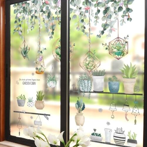 [SHIJUEHEZI] Green Plant Leaves Wall Stickers DIY Potted Culture Mural Decals for Living Room Bedroom Kitchen Home Decoration