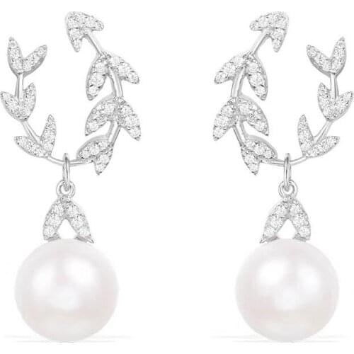 SOELLE Elegant 925 Sterling Silver Branch Leaves Pearl Earrings Micro Pave Cubic Zirconia Stones Women Lady Luxury Brand Jewelry