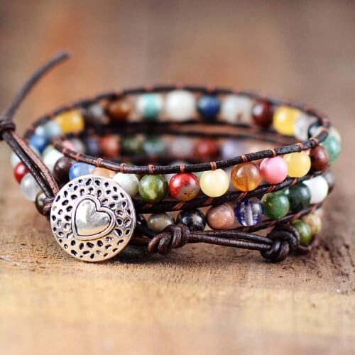 Vintage Leather Bracelets Vibrant Natural Stones 3 Strands Wrap Bracelets Woven Strand Bracelet Handmade Beads Jewelry Dropship