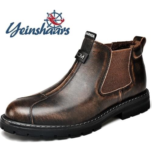 Vintage Genuine Leather Mens Boots Quality Chelsea Winter Boots Male Slip on Fashion Shoes Male Comfortable Warm Snow Boots Men