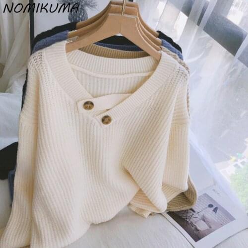 Nomikuma Autumn Winter Buttons V-neck Knitted Sweaters Korean 2021 New Solid Pullover Knitwear Women Long Sleeve Tops 6Z251