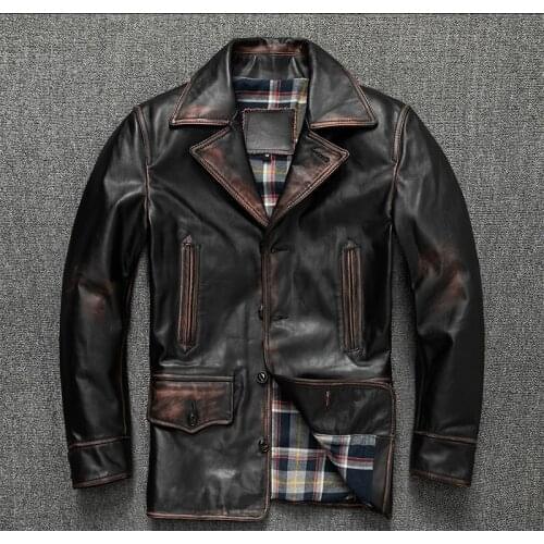 YR!Free shipping.Brand new.winter tea core horsehide.vintage brown quality real leather jacket.Plus size business case coat