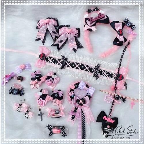 Gothic Black Pink Sweet Lolita Maid Hairpin Necklace Cute Bowknot Rabbit Ear KC Cosplay Soft Girl Side Clip Hair Accessories Got