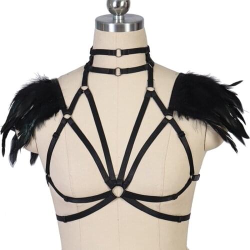 Women Black Goth Feather Body Harness Rave Wear Bondage Harness Lingerie Top Cage Bra Elastic Adjustable Body Harness Cage