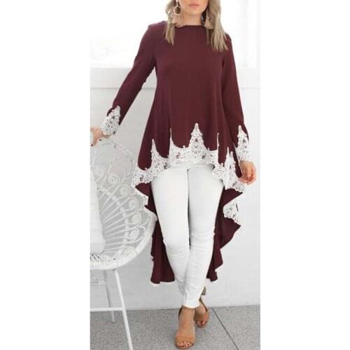 Women Tunic Plus Size Maxi Tunic Loose Blouse High Low Top Long Sleeve Lace Blouse Casual Elegant Patchwork Long Top