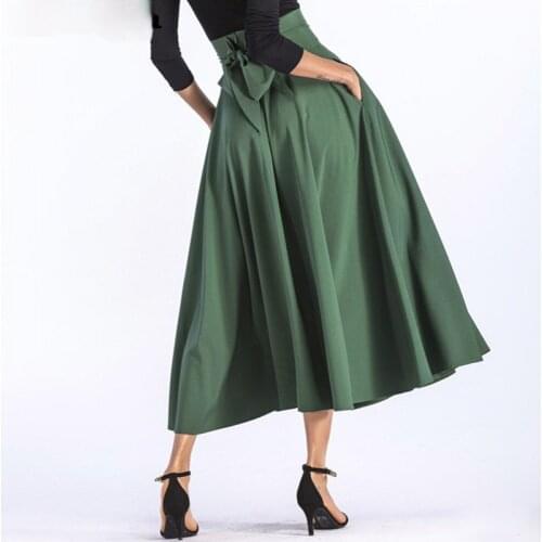 2021 Women Slit Long Maxi Skirt Vintage Ladies Fashion Pleated Flared Pockets Lace Up Bow Plus Size 4XL Skirt SK8831