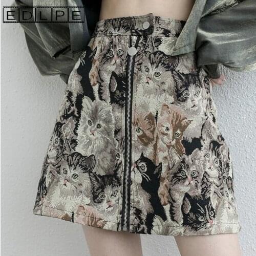 Retro A-line Embroidery Cat Print Skirt Womens Sweet Hip Wrap Skirt High Waist Y2k Kawaii Clothes Fairy Grunge Harajuku