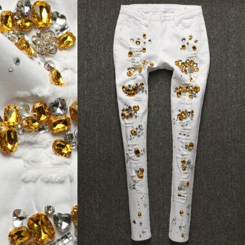 2020 autumn new Arrival Fashion Women Ripped Holes Beading Diamond Jeans Stretch Skinny Slim Pencil White Jeans