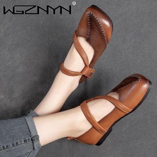 Flats Women Retro Shoes Mixed Colors Genuine PU Leather 2021 New Spring/Autumn Hook & Loop Concise Casual Handmade Ladies Shoes