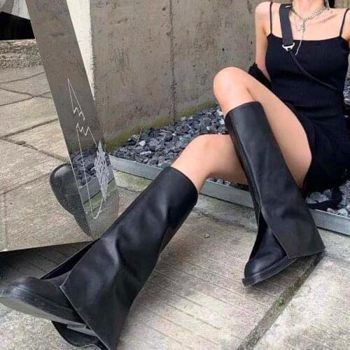 Black Fold Knee High Boots Round Toe Sexy Long Boots Fashionable Stars Brand Female Shoes Botas Mujer New Top Quality Design
