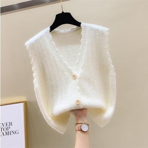 Women Short Knitted Vest 2021 Autumn Korean Single Breasted V-Neck Loose Solid Sleeveless Jacket Ladies Waistcoat Clothes G671