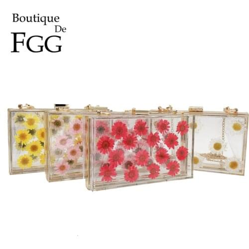 Boutique De FGG Transparent Acrylic Box Clutch Evening Handbags Women Flower Chain Shoulder Bags Crossbody Metal Clutches Purses