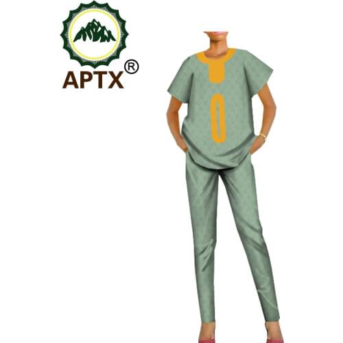 African Jacquard Womens 2 Pieces Pants Suit APTX Short Sleeves Top+Slim Pants Casual Suit for Women TA1826004