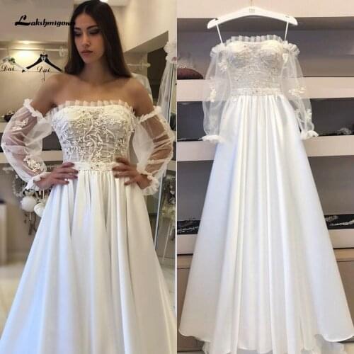 Robe Satin A Line Wedding Dress Boho 2020 Vestidos Strapless Sexy Bridal Dress Plus Size Puffy Lace Long Sleeve Wedding Gowns