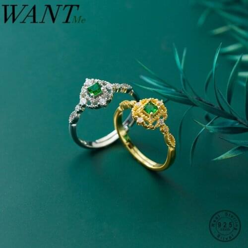 WANTME Vintage Geometric Hollow Green Zircon Open Ring for Women Real 925 Sterling Silver Wedding Princess Fine Jewelry Gift