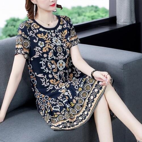 Vintage Black Print Mulberry Silk Beach Midi Dresses 2021 Summer Elegant 4XL Plus Size Floral Sundress Female Bodycon Vestidos
