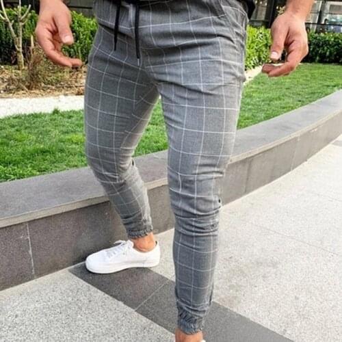 2020 Sexy High Wasit Spring Summer Fashion Pocket Mens Slim Fit Plaid Straight Leg Trousers Casual Pencil Jogger Casual Pants