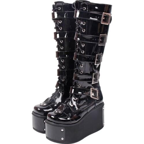 Angelic imprint handmade Women motorcycle cool punk boots lady lolita wedges shoes woman Gothic high heels pumps 5 straps 33-47