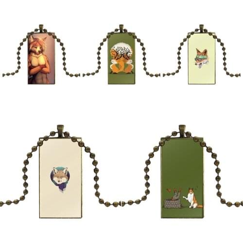 Glass Cabochon Jewelry Bronze Color With Long Pendant Choker Rectangle Necklace For Women Party Gift Cartoon Funny Fox