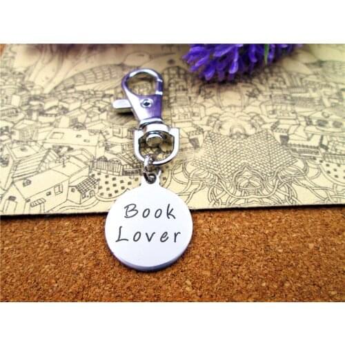 3pcs/lot high quality keychain with 20mm stainless steel circle round " book lover " charms keychain